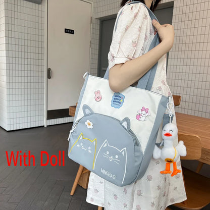 Lovely Korean Style Girl Lolita Shoulder Bags Kawaii Plush Duck Doll Embroidery Cat Itabag Waterproof Anime CanvasBags
