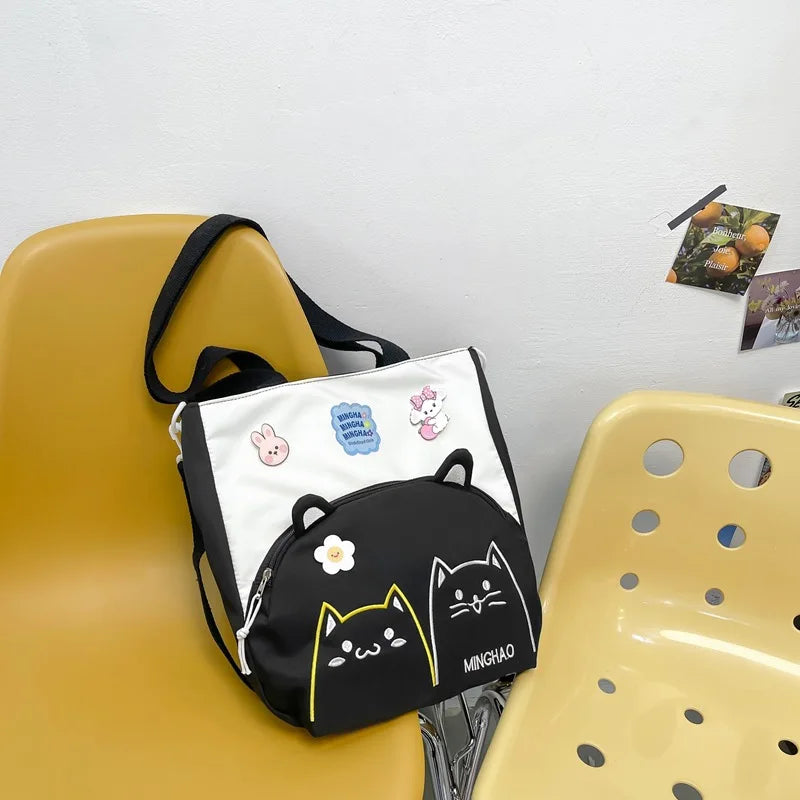 Lovely Korean Style Girl Lolita Shoulder Bags Kawaii Plush Duck Doll Embroidery Cat Itabag Waterproof Anime CanvasBags