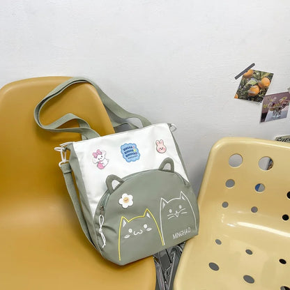 Lovely Korean Style Girl Lolita Shoulder Bags Kawaii Plush Duck Doll Embroidery Cat Itabag Waterproof Anime CanvasBags