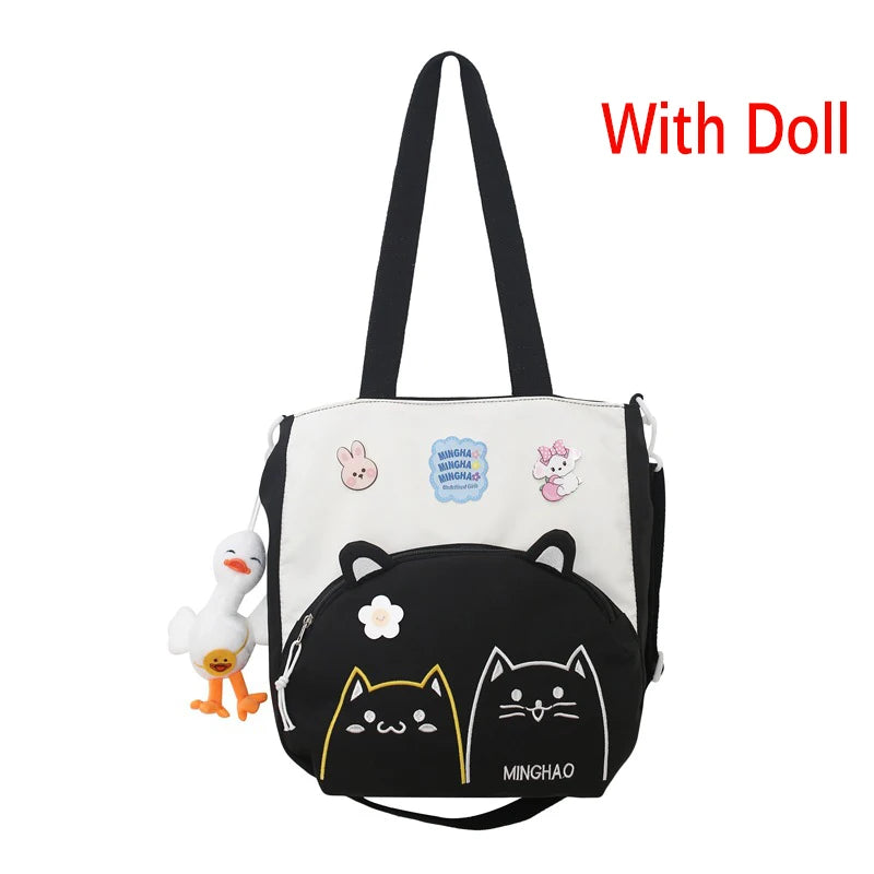 Lovely Korean Style Girl Lolita Shoulder Bags Kawaii Plush Duck Doll Embroidery Cat Itabag Waterproof Anime CanvasBags
