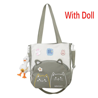 Lovely Korean Style Girl Lolita Shoulder Bags Kawaii Plush Duck Doll Embroidery Cat Itabag Waterproof Anime CanvasBags