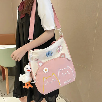 Lovely Korean Style Girl Lolita Shoulder Bags Kawaii Plush Duck Doll Embroidery Cat Itabag Waterproof Anime CanvasBags