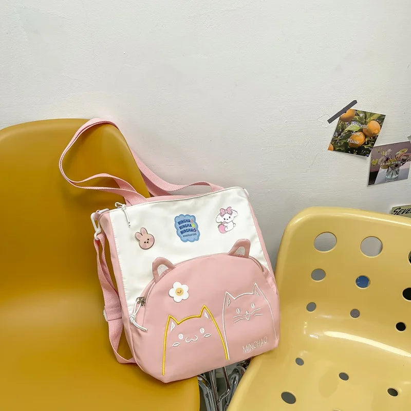Lovely Korean Style Girl Lolita Shoulder Bags Kawaii Plush Duck Doll Embroidery Cat Itabag Waterproof Anime CanvasBags