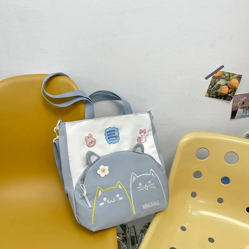 Lovely Korean Style Girl Lolita Shoulder Bags Kawaii Plush Duck Doll Embroidery Cat Itabag Waterproof Anime CanvasBags