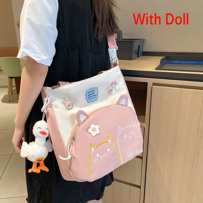 Lovely Korean Style Girl Lolita Shoulder Bags Kawaii Plush Duck Doll Embroidery Cat Itabag Waterproof Anime CanvasBags