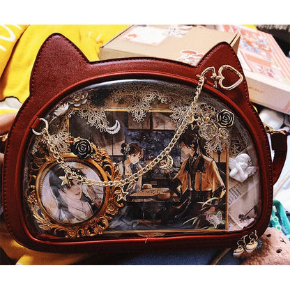 Lovely Lolita Girls Cat Style Itabags Shoulder Bags Kawaii Female Transparent Layer Moon Stars Chain HandBags