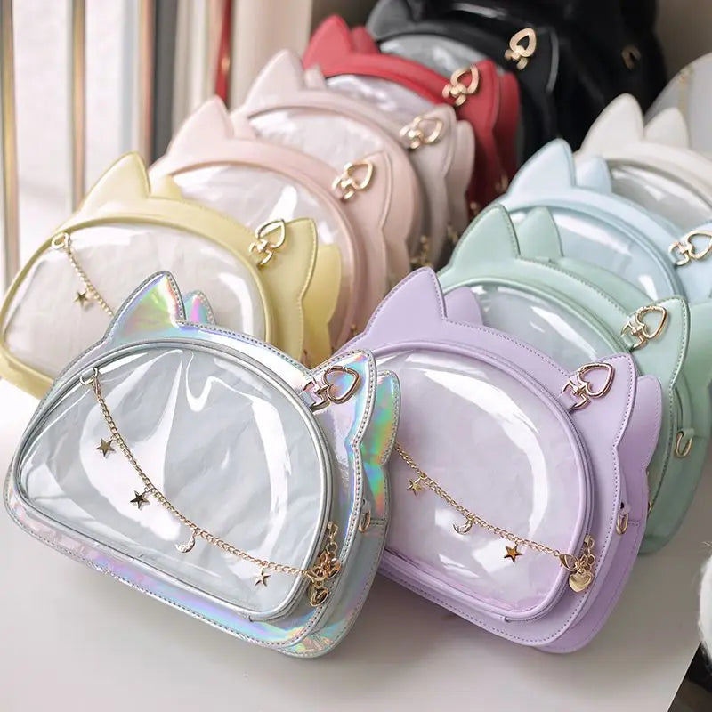 Lovely Lolita Girls Cat Style Itabags Shoulder Bags Kawaii Female Transparent Layer Moon Stars Chain HandBags