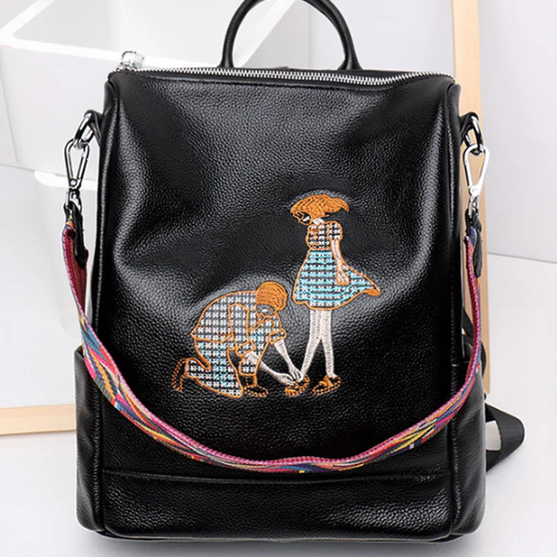 Lovers embroidered cowhide backpack women's leather Korean version 2023 new multi-functional trend all-in-one backpack