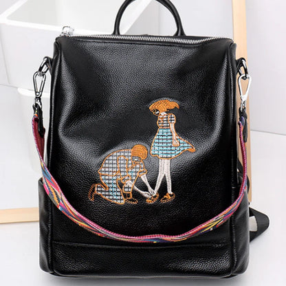 Lovers embroidered cowhide backpack women's leather Korean version 2023 new multi-functional trend all-in-one backpack