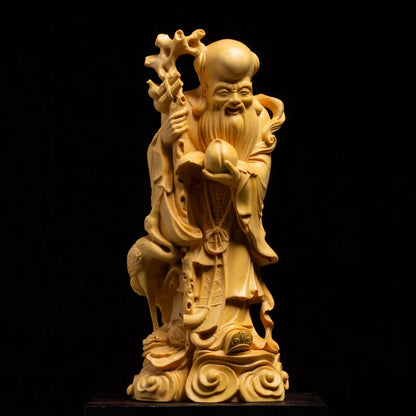Lucky Buddha Statue Fu Lu Shou Three-star Ornaments Boxwood Wood Carving Chinese Home Living Room Decoration Crafts