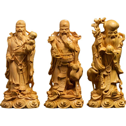 Lucky Buddha Statue Fu Lu Shou Three-star Ornaments Boxwood Wood Carving Chinese Home Living Room Decoration Crafts