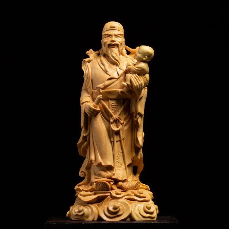 Lucky Buddha Statue Fu Lu Shou Three-star Ornaments Boxwood Wood Carving Chinese Home Living Room Decoration Crafts