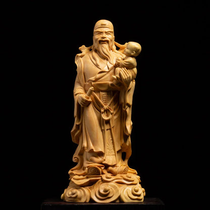 Lucky Buddha Statue Fu Lu Shou Three-star Ornaments Boxwood Wood Carving Chinese Home Living Room Decoration Crafts