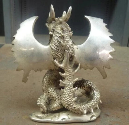 Lucky China Chinese Fengshui Silver Home Fly Dragon Statue Figure