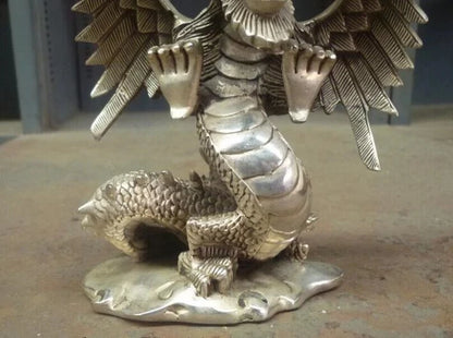 Lucky China Chinese Fengshui Silver Home Fly Dragon Statue Figure