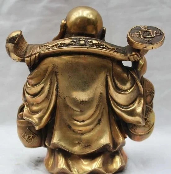 Lucky Chinese Brass Buddhism Happy Laugh Money Yuanbao Maitreya Buddha Statue