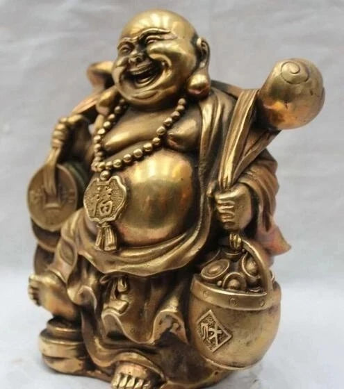 Lucky Chinese Brass Buddhism Happy Laugh Money Yuanbao Maitreya Buddha Statue
