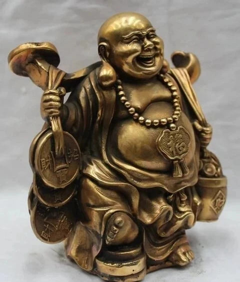 Lucky Chinese Brass Buddhism Happy Laugh Money Yuanbao Maitreya Buddha Statue