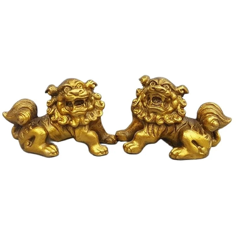 Lucky Chinese Fengshui Pure Brass Guardian Foo Fu Dog Lion Statue Pair metal crafts decor
