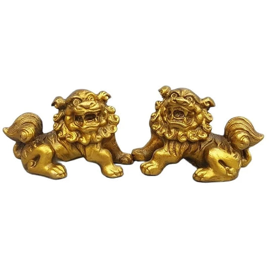 Lucky Chinese Fengshui Pure Brass Guardian Foo Fu Dog Lion Statue Pair metal crafts decor