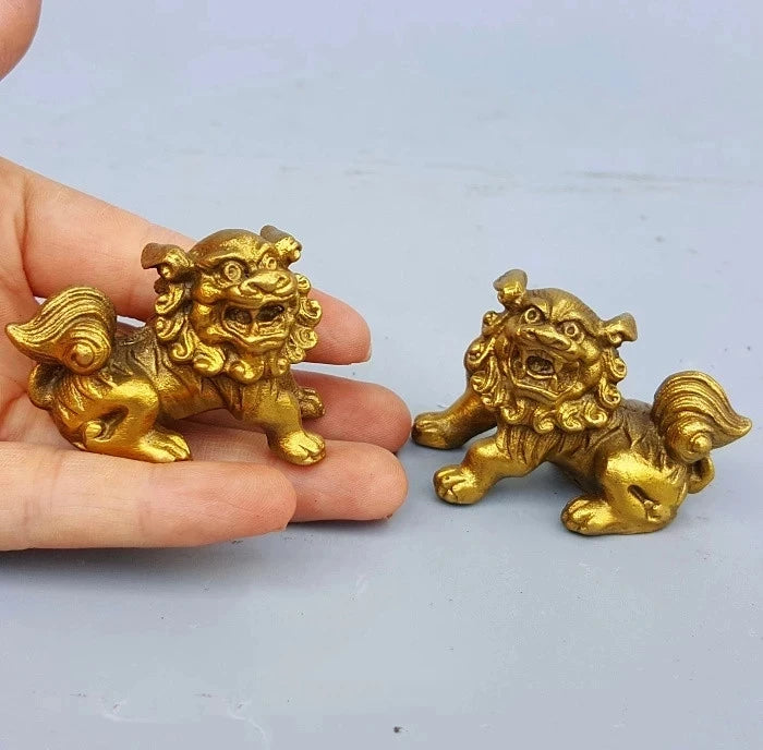 Lucky Chinese Fengshui Pure Brass Guardian Foo Fu Dog Lion Statue Pair metal crafts decor