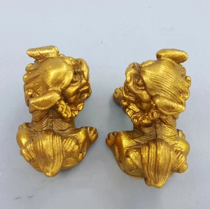 Lucky Chinese Fengshui Pure Brass Guardian Foo Fu Dog Lion Statue Pair metal crafts decor
