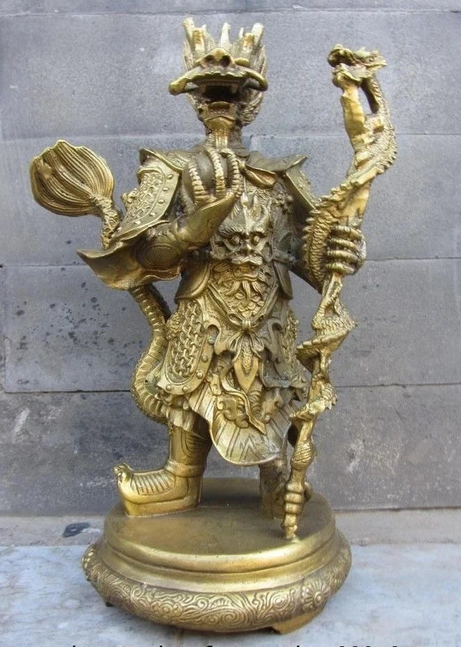 Lucky Chinese Myth Pure Brass Copper Dragon Lord King Longwang Rain God Statue