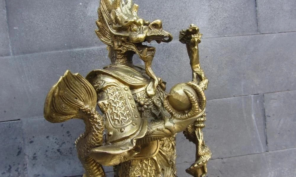 Lucky Chinese Myth Pure Brass Copper Dragon Lord King Longwang Rain God Statue