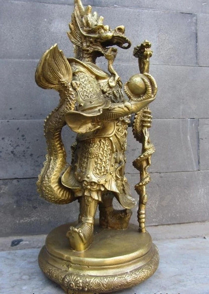 Lucky Chinese Myth Pure Brass Copper Dragon Lord King Longwang Rain God Statue