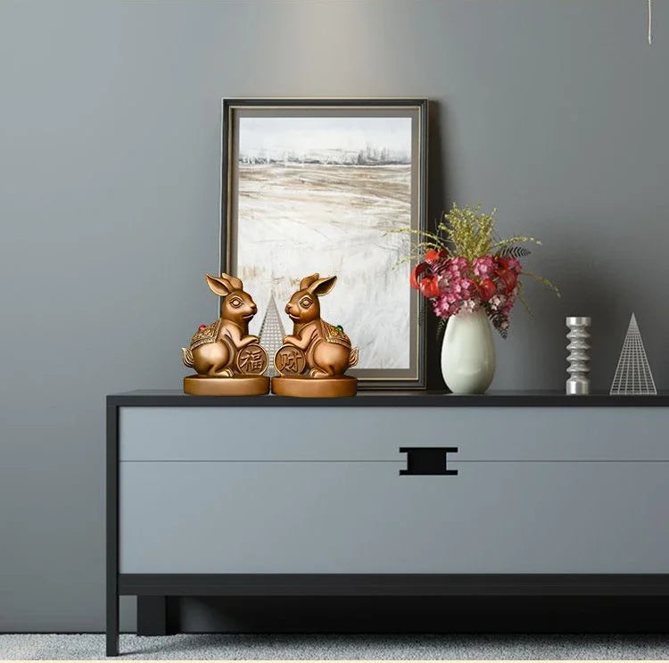 Lucky Copper Animal Rabbit Ornaments Wealth Fortune Home Office Desktop Antique Decor Figurines