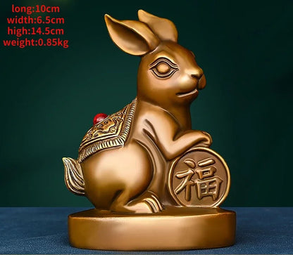 Lucky Copper Animal Rabbit Ornaments Wealth Fortune Home Office Desktop Antique Decor Figurines