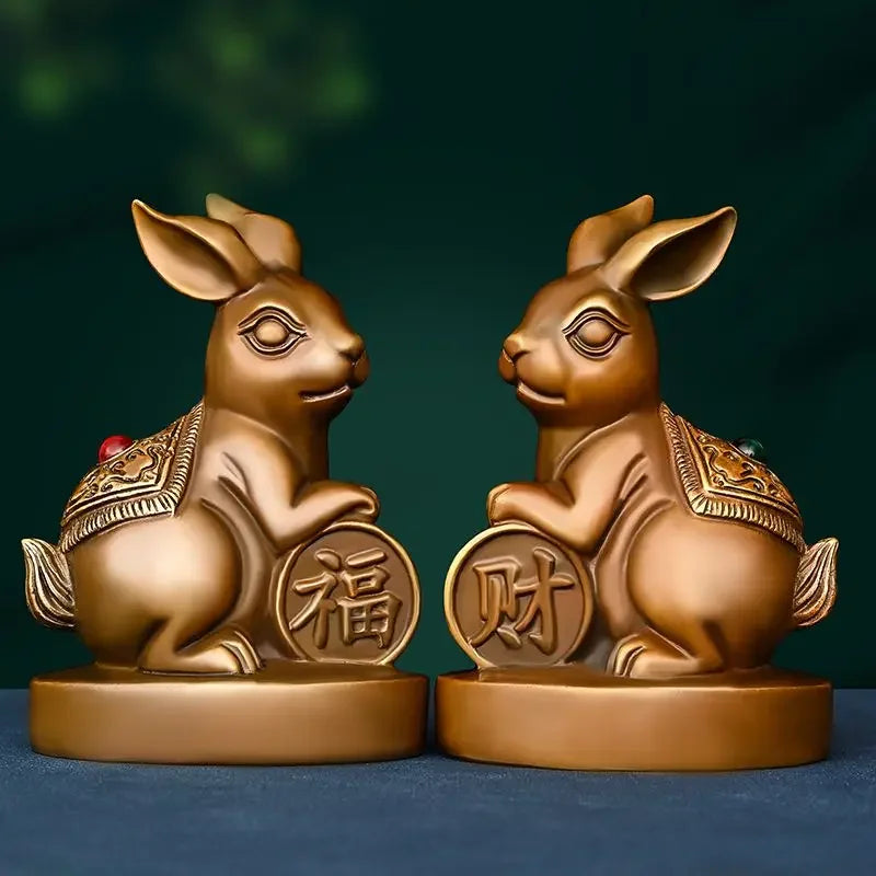 Lucky Copper Animal Rabbit Ornaments Wealth Fortune Home Office Desktop Antique Decor Figurines