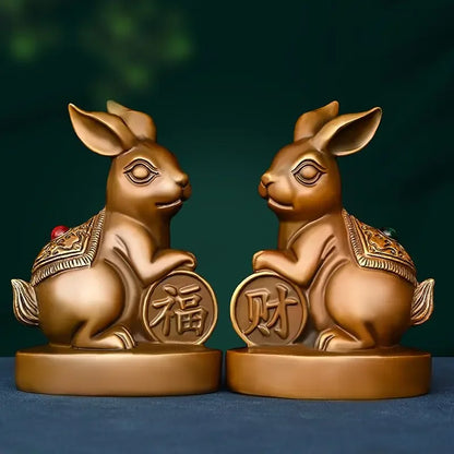 Lucky Copper Animal Rabbit Ornaments Wealth Fortune Home Office Desktop Antique Decor Figurines
