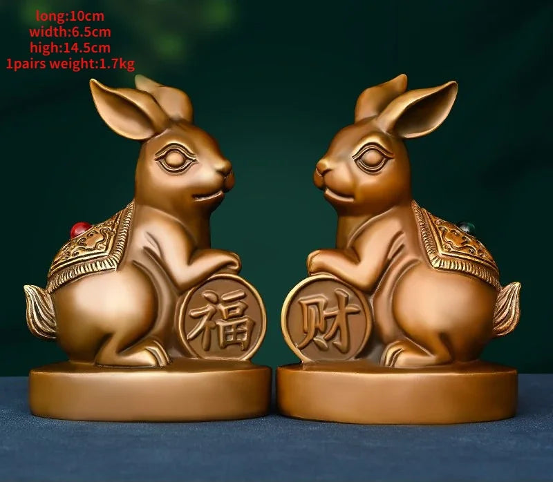 Lucky Copper Animal Rabbit Ornaments Wealth Fortune Home Office Desktop Antique Decor Figurines