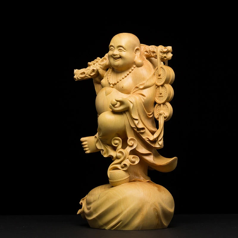 Lucky Maitreya Wood Statue Ornaments Home Car Decorations Collection Laughing Buddha Statue Gifts Buddha Figures