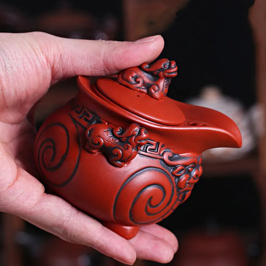 Lucky Pixiu Hand Holding Pot, Filter Bubble Teapot, A Pot and a Cup, Black, Red, Purple Sand Tea Set, Retro Teaware Travel Set