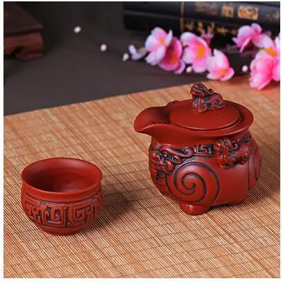 Lucky Pixiu Hand Holding Pot, Filter Bubble Teapot, A Pot and a Cup, Black, Red, Purple Sand Tea Set, Retro Teaware Travel Set
