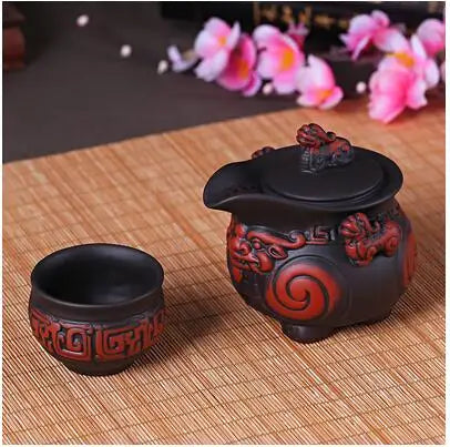Lucky Pixiu Hand Holding Pot, Filter Bubble Teapot, A Pot and a Cup, Black, Red, Purple Sand Tea Set, Retro Teaware Travel Set