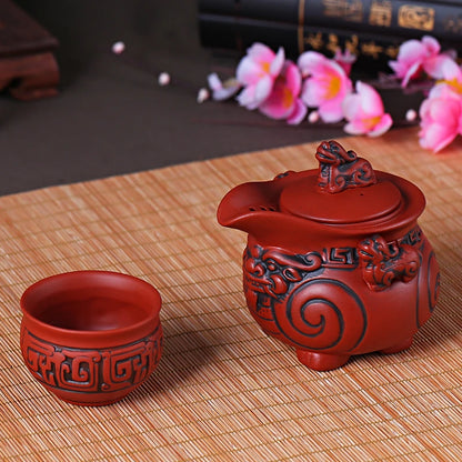 Lucky Pixiu Hand Holding Pot, Filter Bubble Teapot, A Pot and a Cup, Black, Red, Purple Sand Tea Set, Retro Teaware Travel Set