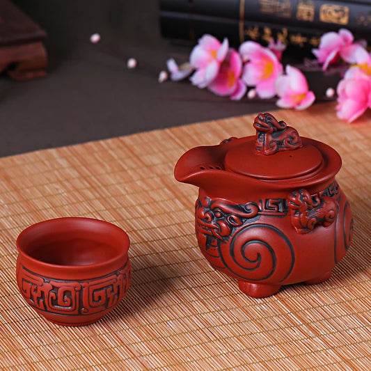 Lucky Pixiu Hand Holding Pot, Filter Bubble Teapot, A Pot and a Cup, Black, Red, Purple Sand Tea Set, Retro Teaware Travel Set
