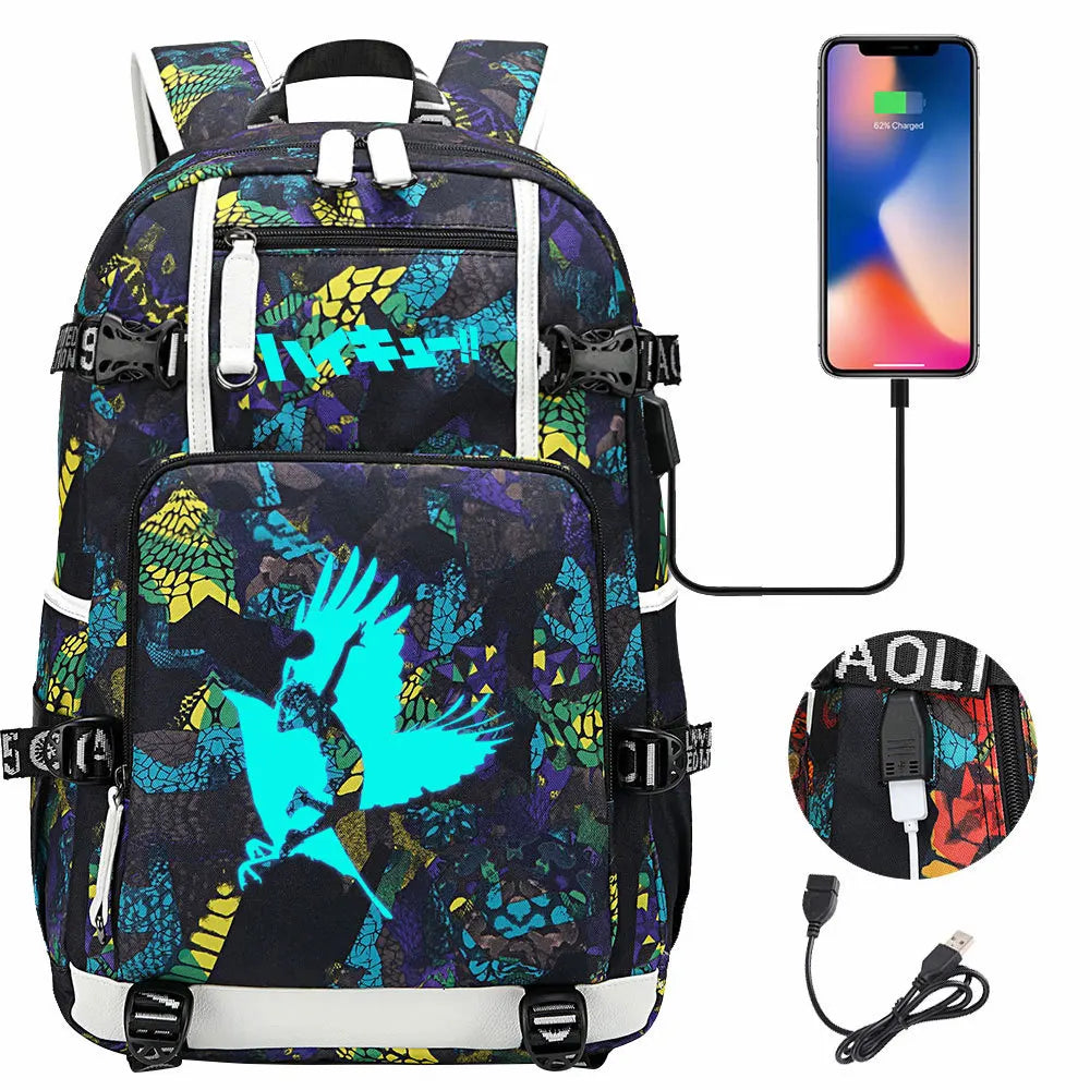 Luminous Anime Haikyuu!! USB Boy Girl Kids Book School Bags Large Capacity Teenagers Schoolbags Women Men Travel Laptop Backpack