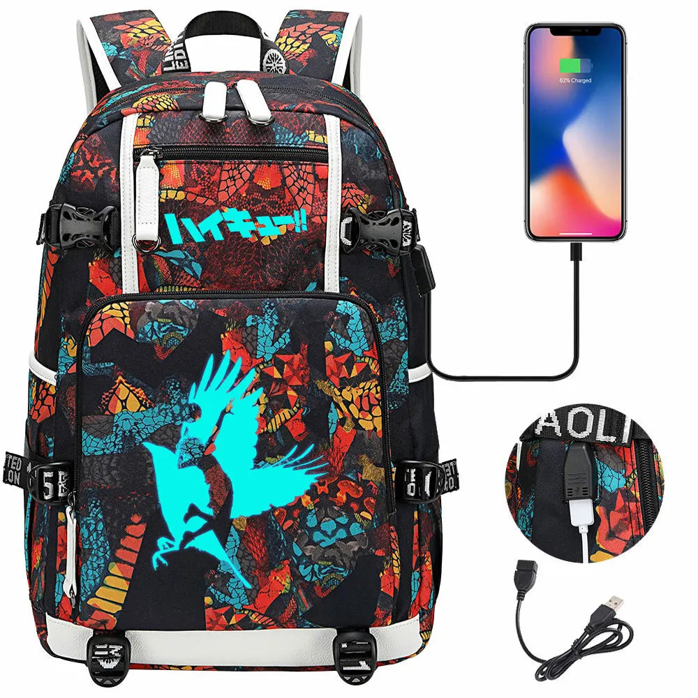 Luminous Anime Haikyuu!! USB Boy Girl Kids Book School Bags Large Capacity Teenagers Schoolbags Women Men Travel Laptop Backpack