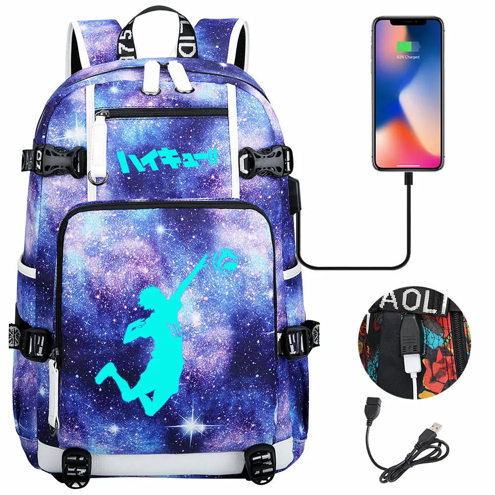 Luminous Anime Haikyuu!! USB Boy Girl Kids Book School Bags Large Capacity Teenagers Schoolbags Women Men Travel Laptop Backpack