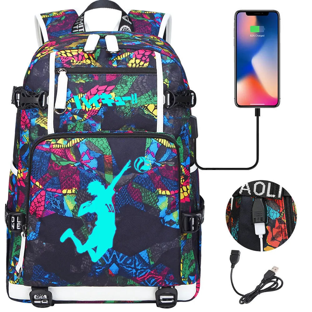 Luminous Anime Haikyuu!! USB Boy Girl Kids Book School Bags Large Capacity Teenagers Schoolbags Women Men Travel Laptop Backpack