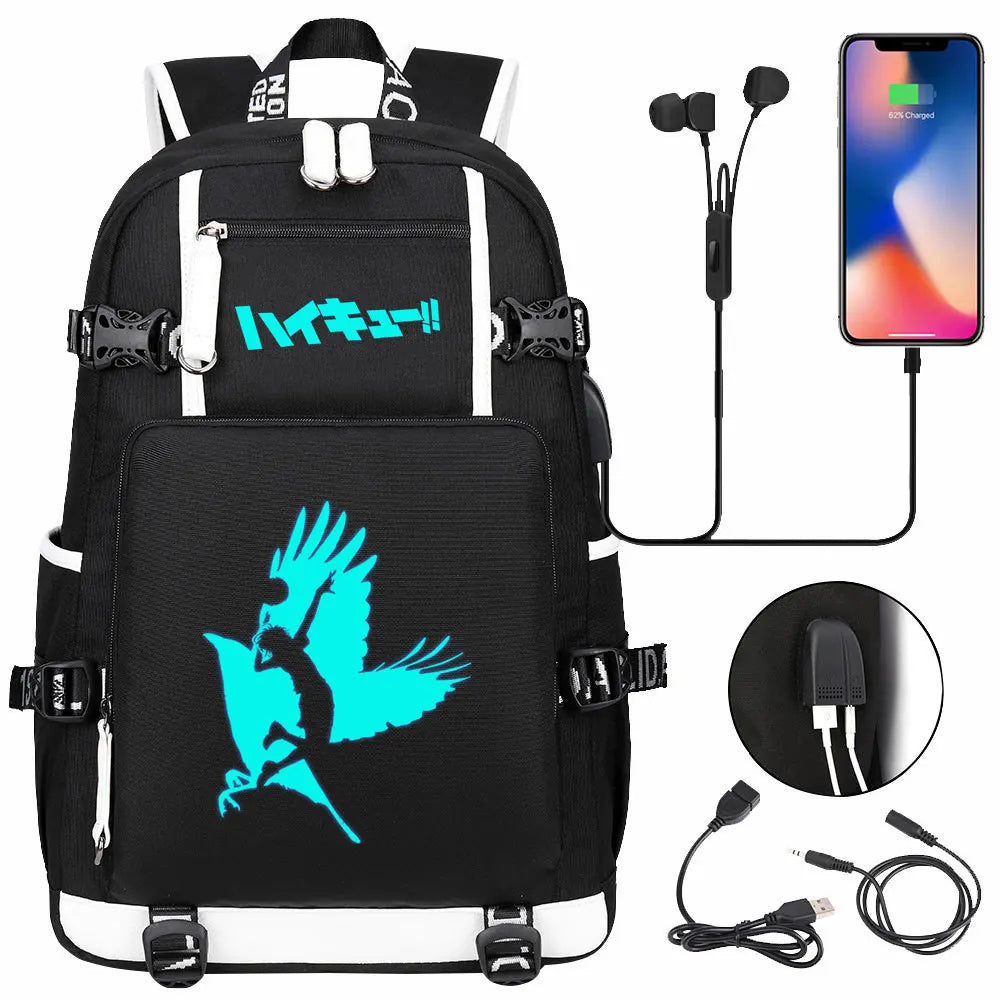 Luminous Anime Haikyuu!! USB Boy Girl Kids Book School Bags Large Capacity Teenagers Schoolbags Women Men Travel Laptop Backpack