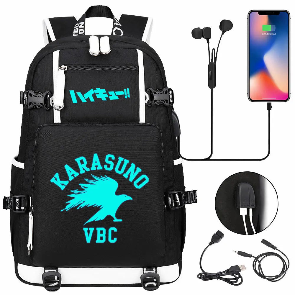 Luminous Anime Haikyuu!! USB Boy Girl Kids Book School Bags Large Capacity Teenagers Schoolbags Women Men Travel Laptop Backpack