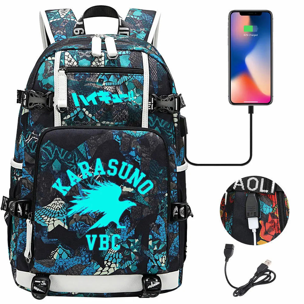 Luminous Anime Haikyuu!! USB Boy Girl Kids Book School Bags Large Capacity Teenagers Schoolbags Women Men Travel Laptop Backpack
