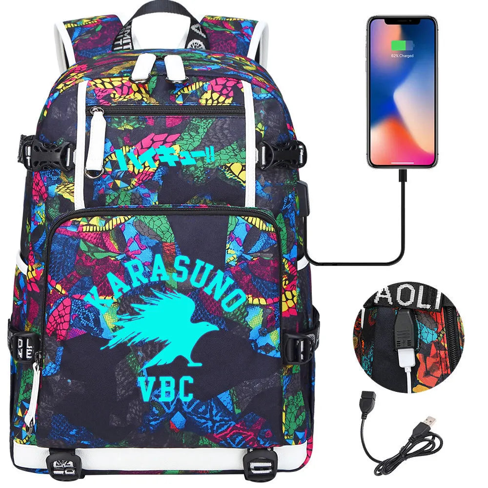 Luminous Anime Haikyuu!! USB Boy Girl Kids Book School Bags Large Capacity Teenagers Schoolbags Women Men Travel Laptop Backpack