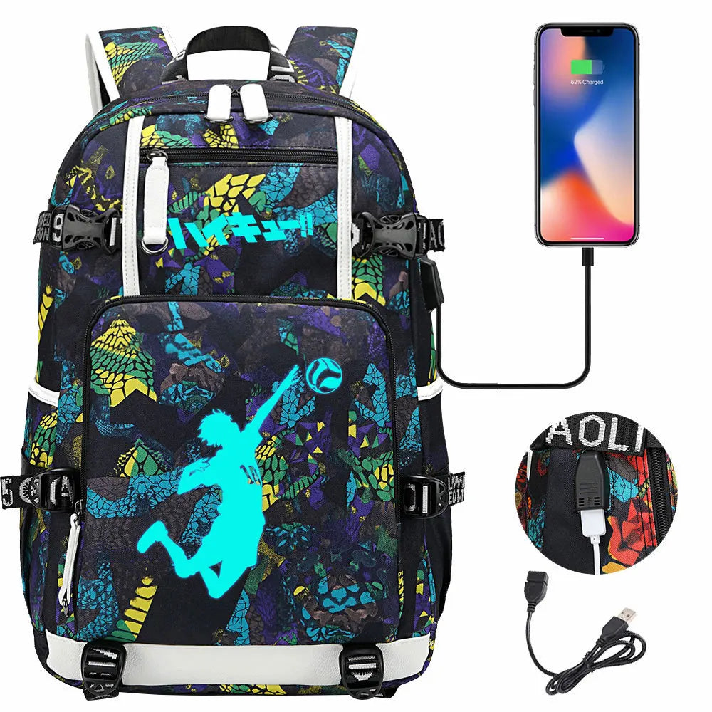 Luminous Anime Haikyuu!! USB Boy Girl Kids Book School Bags Large Capacity Teenagers Schoolbags Women Men Travel Laptop Backpack