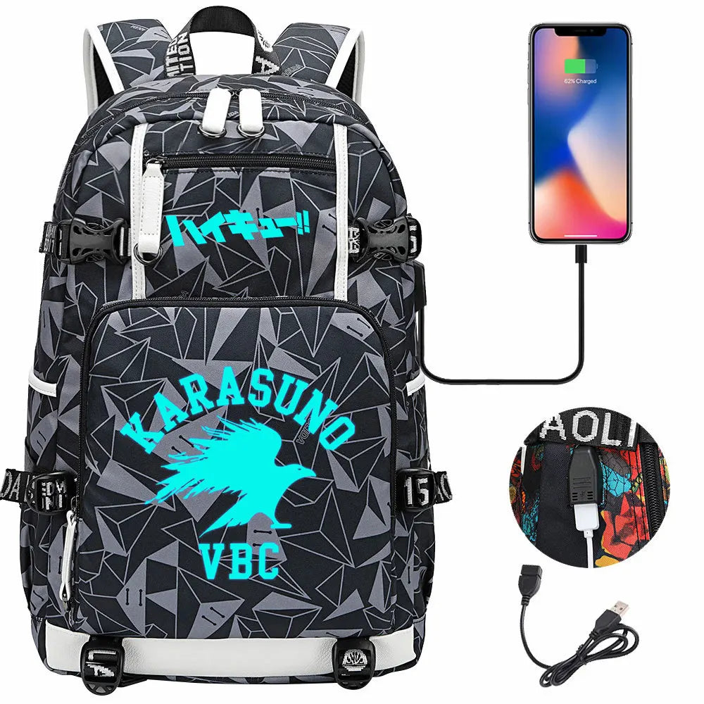 Luminous Anime Haikyuu!! USB Boy Girl Kids Book School Bags Large Capacity Teenagers Schoolbags Women Men Travel Laptop Backpack